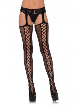 Couples Faux Lace Up Dual Net Backseam Stockings With Attached Garterbelt Black One Size Leg Avenue Couples Faux Lace Up Dual Net Backseam Stockings With Attached Garterbelt Black One Size Leg Avenue