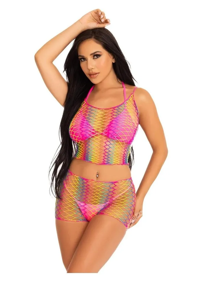 Vibrators Leg Avenue Twist Net Tank Top and Boy Shorts Ombre Rainbow 2 Piece OS Multicolor