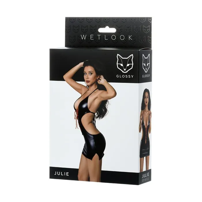 Glossy Anal Glossy Dress Wetlook w Red Laces Julie Medium Black